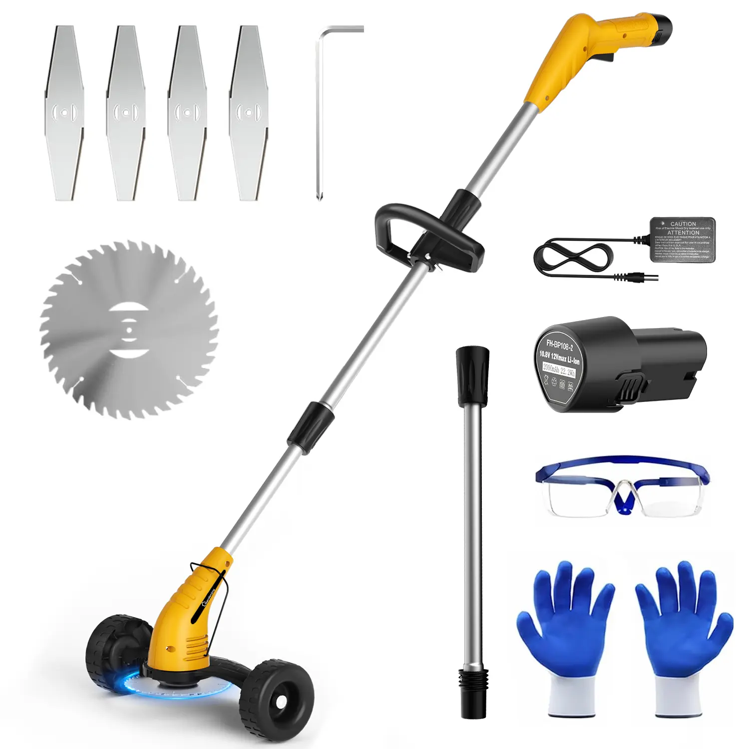 Portable Lightweight Cordless Stringless Grass Trimmer with Wheel, Roller Reduces Drag, Double-Switch Lock, Adjustable Cutting Tool for Lawn Edging & Yard Work, Extension Poles