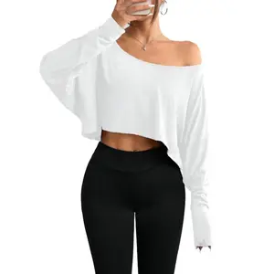 Women's Solid Off Shoulder Tee Casual Chic Fitted Loose Longsleeves Crop Top for Daily Holiday Outdoor Wear Ladies Clothes for All Seasons Fashion Outfits Tops for Women Womenswear Blouse Basic Club Outfit Basic Tops Torrid Free
