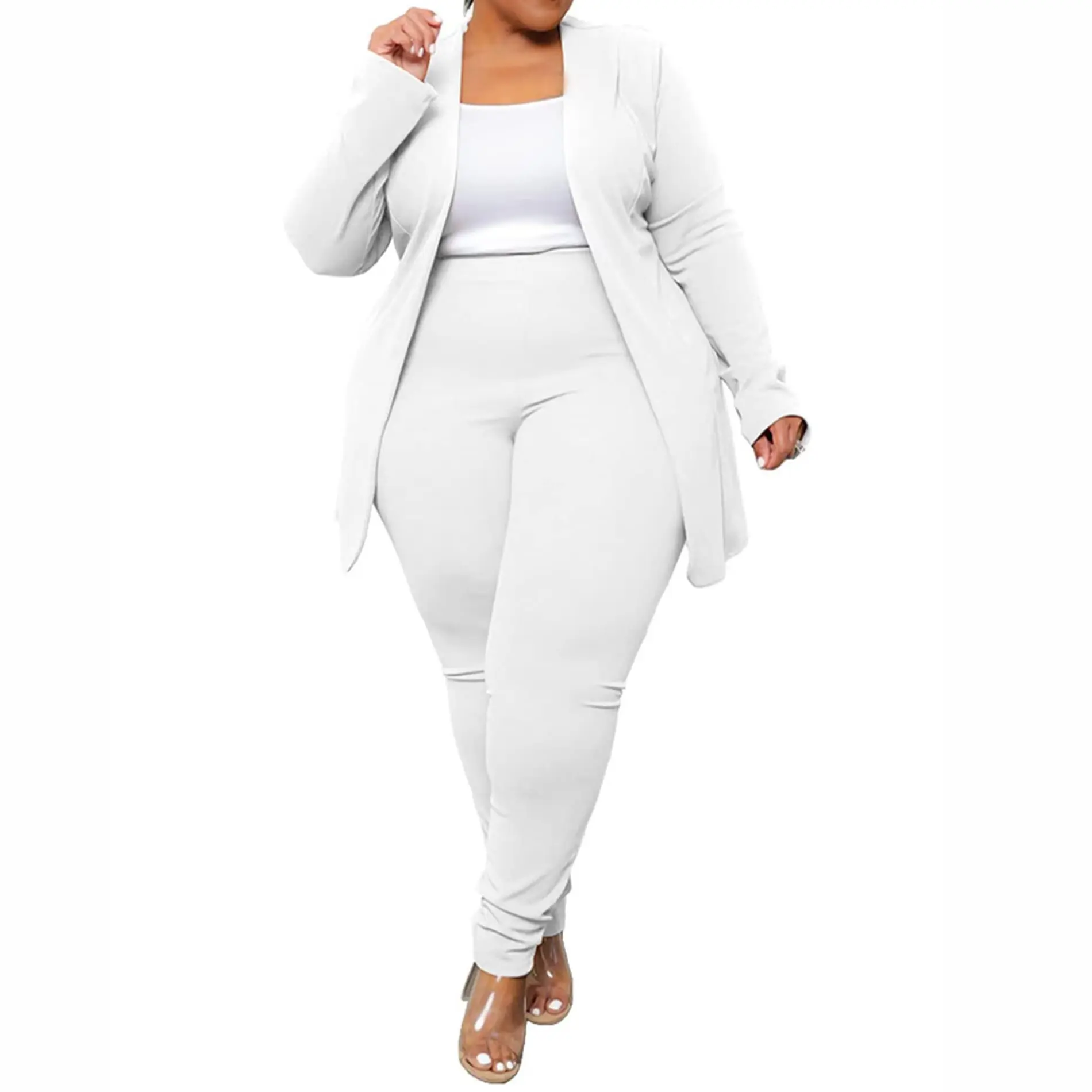 Women's Plus Size 2-Piece Plain Formal Business Suit Set - Long Sleeve Open Front Loose Blazer, Square Neck, High Stretch Elastic Waist Ankle Length Polyester Trousers, Lady Corporate Attire for Wedding, Party