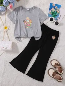 Summer Girls' 2-Piece Set Cocomelon Cartoon Print T-Shirt + Bell Bottoms, Cute Loose-Fitting for School, Home, Amusement Park, Family Trips