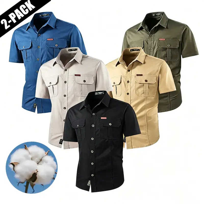 2-pack: summer outdoor casual short-sleeve work shirt with multiple pockets, lightweight design