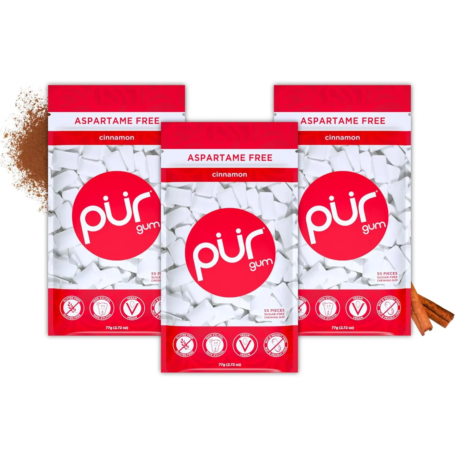 PUR Gum | Aspartame Free Chewing Gum | 100% Xylitol | Natural Cinnamon Flavored Gum, 55 Pieces (Pack of 3) Snack Sugar Spicy Sweet