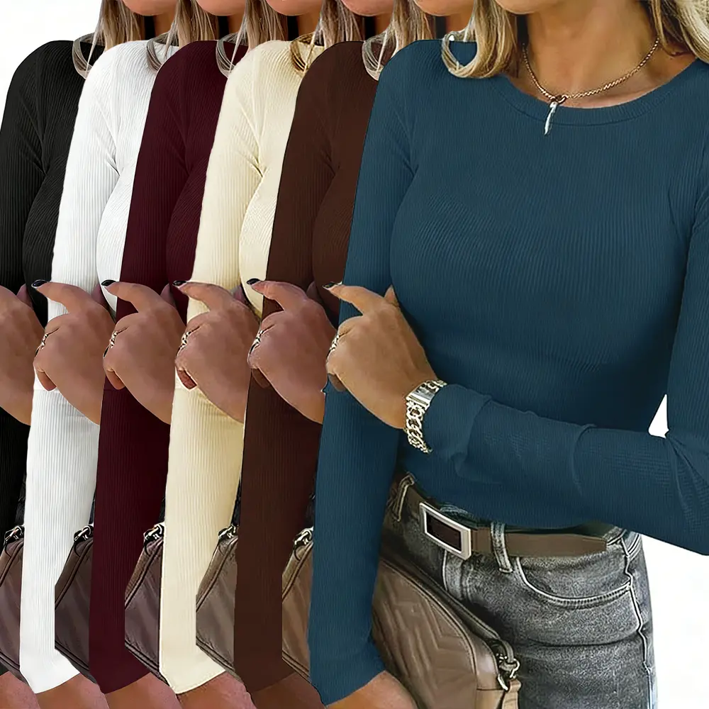 【Limited time deal】【Fast Shipping】Women's Long Sleeve Rib-Knit Shirt - Slim Fit Basic Tee Top for Fall, Casual Layering T-Shirt Fashion Womenswear Knitwear Fabric