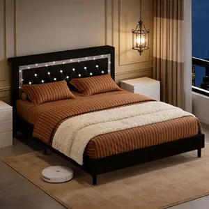 Smart LED Bed Frame with Diamond Tufted Headboard Rust Resistant Easy Assembly Storage Wooden Slats Support No Box Spring Needed Modern French