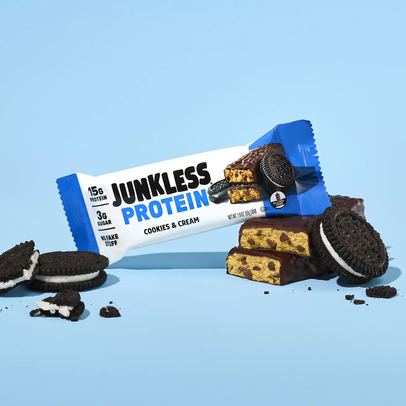 JUNKLESS Protein Bars Cookies & Cream (12 ct) - 15g Protein, 3g Sugar, High Fiber, Gluten Free, Clean Ingredients