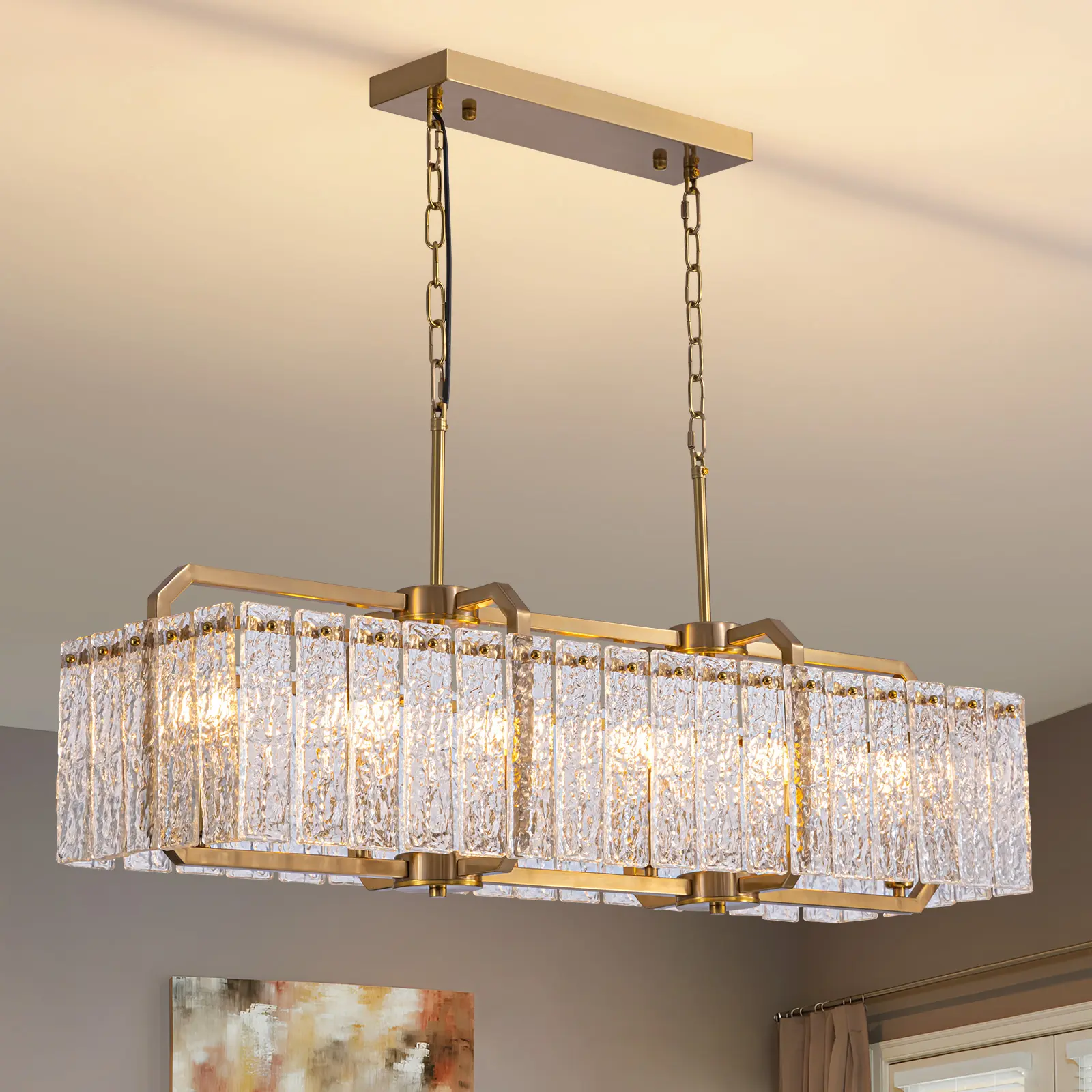 40in Crystal Rectangle Chandelier - Vintage Modern Home Decor Light, Dimmable Ceiling Light with Water Ripple Glass, Linear Fixture for Kitchen Islands, Dining Rooms