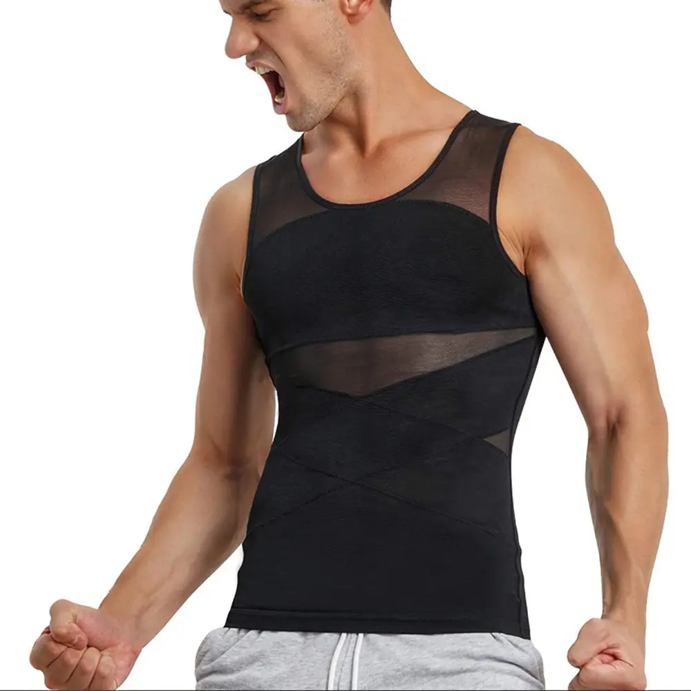 Men Mesh Compression Shapewear Tank Top, Slimming Tummy Control Body Shaper Vest Sweat Enhancing Chest Compression Undershirt