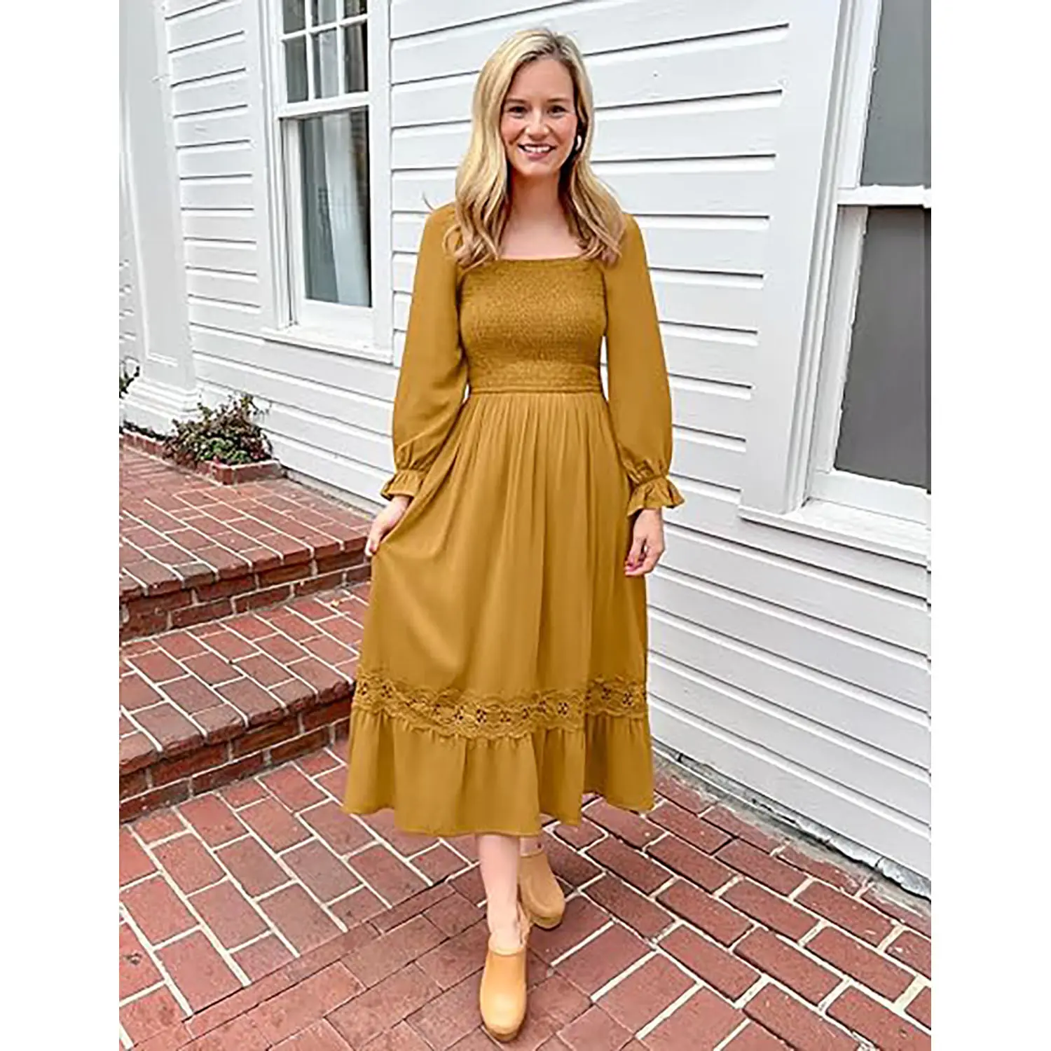 ZESICA Women's 2025 Boho Long Sleeve Square Neck Smocked High Waist Flowy A Line Lace Trim Maxi Dress