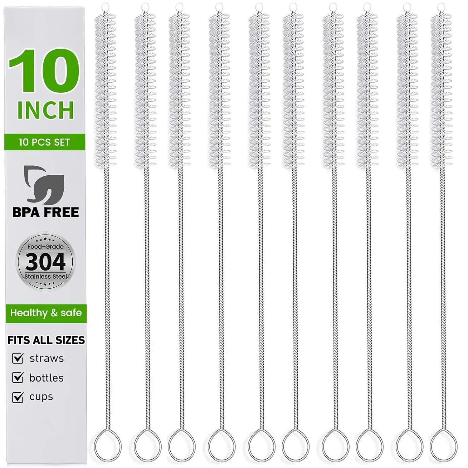 10 Pieces Stainless Steel Straw Cleaner Brush Set 10 Inch - Extra Long for Tumbler, Water Bottle, Tubes, Sippy Cup