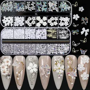 3D Acrylic Butterfly Flowers Bear Nail Charms Set with AB Crystal Rhinestones & Pearls for DIY Crafting Party Supplies