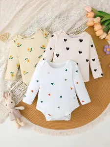 Girls' Cute Casual Long Sleeve Bodysuits 3-Pack with Heart & Flower Patterns, Charming Patterns, Fashionable for Infants and Toddlers, Suitable for All Seasons, Perfect for All Seasons and Valentine's Day Gift Bodysuit Set