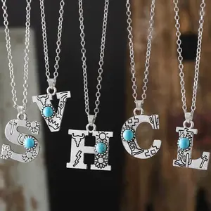 Bohemian Western A-Z Initial Stainless Steel Necklace - Daily Wear Vintage Pendant with Turquoise, Sunflower, Bullhead Charms, Flash & Finesse Design, Ideal Valentine's Gift for Couples (Turquoise Jewelry, Vintage Jewelry)