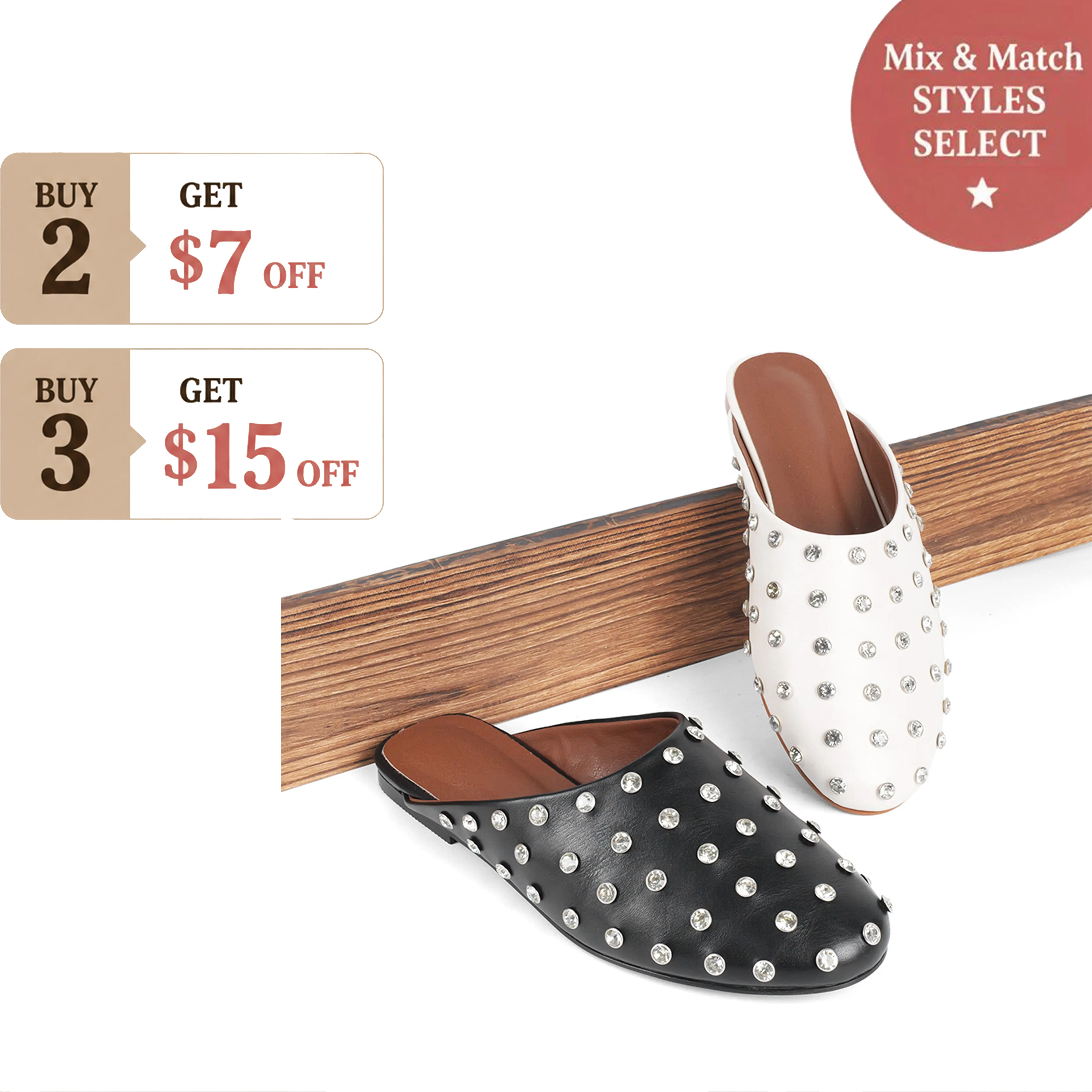 【Instant Savings 】Women's Rhinestone Studded Mules - Trending Women's Shoes, Black & White Round Toe Slip-On Flat Backless Loafers with Shiny Crystals, Comfortable Walking Shoes for Party, Casual Spring & Summer Fashion, Trending Shoes