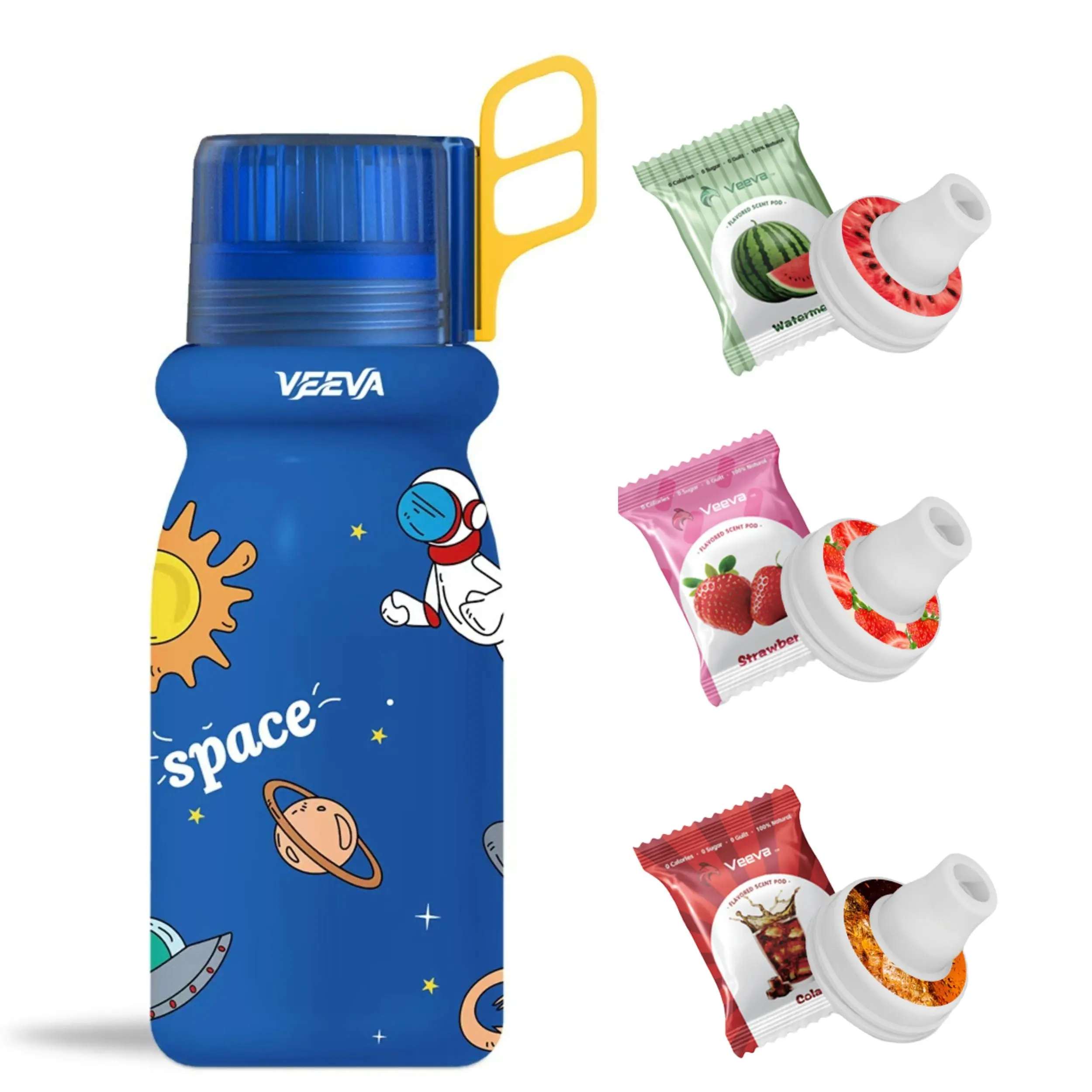 VEEVA® 16oz Space Yellow Scented Thermos Bottle with 3 Aroma Pods & Straw - Watermelon, Cola, Strawberry - BPA-Free, Leak-Proof, Dishwasher-Safe - Perfect for School, Sports, Gym, or Travel