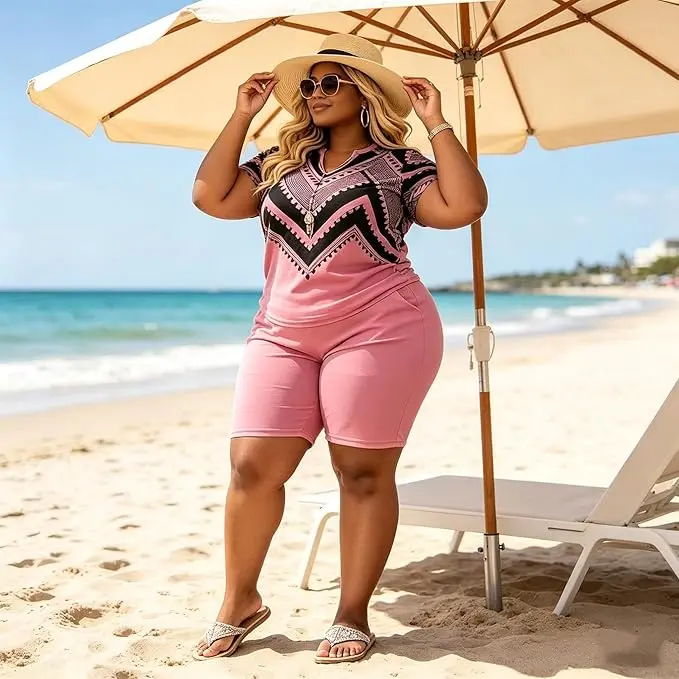 Women's Plus Size 2-Piece Sportswear Set, Geometric Pattern Short Sleeve Tee and Biker Shorts, Casual Athleisure Loungewear, Women's Clothes, 2 Piece Sets, Outfit Inspiration, Loungeready Set