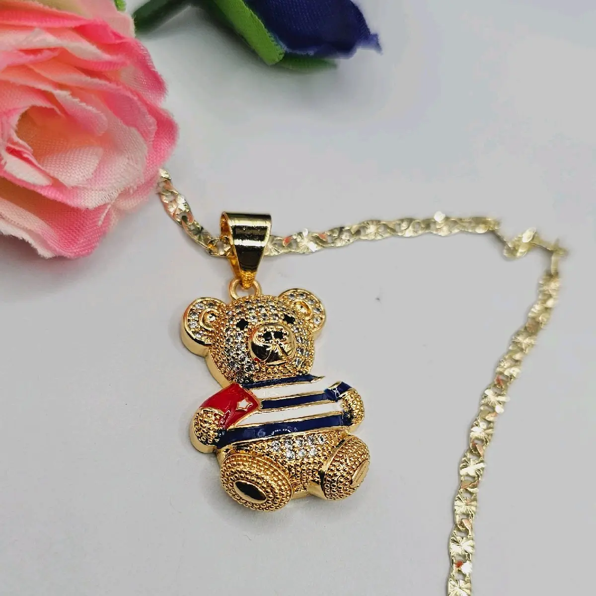 chain with bear  regular cute style Gold Plated with Cuban flag