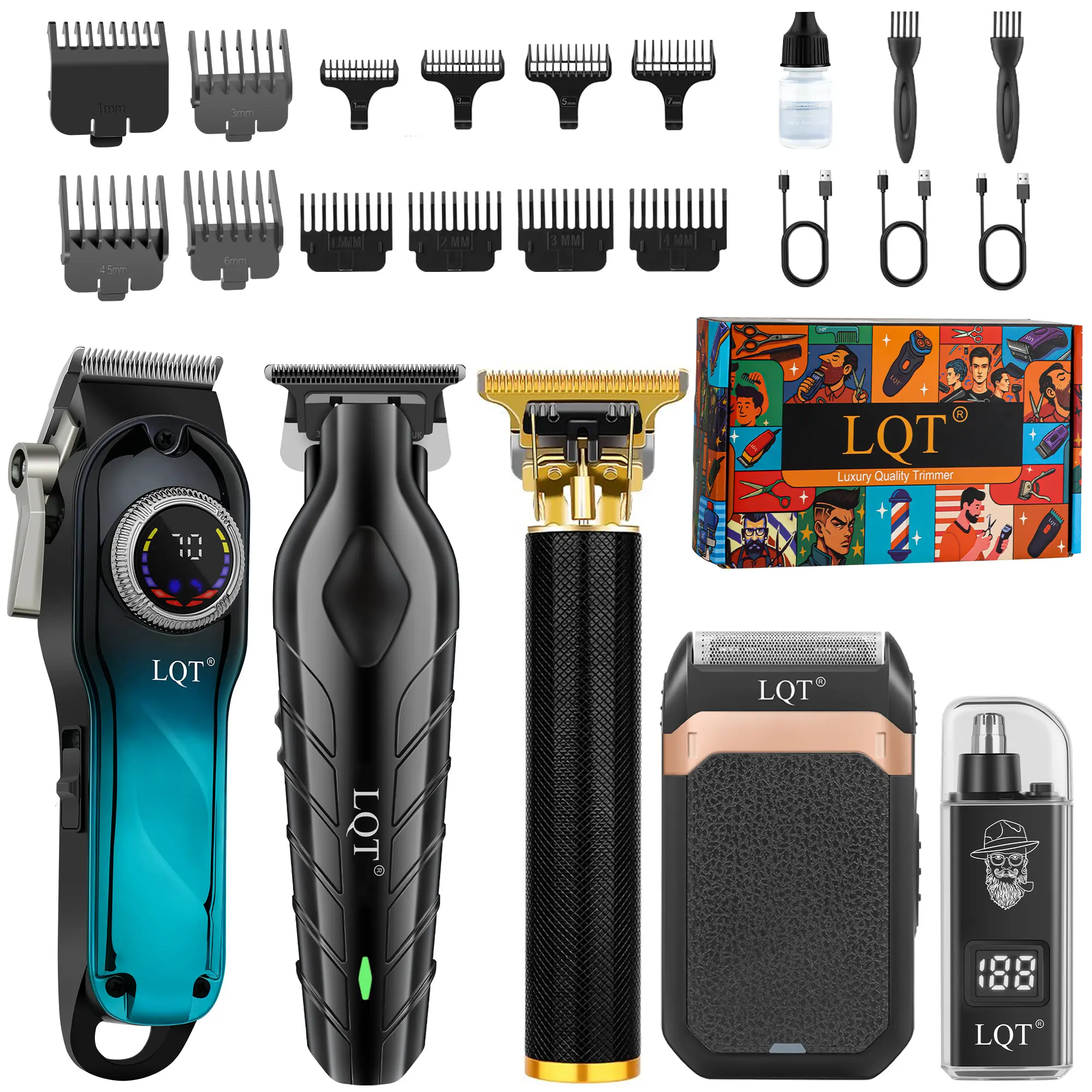 Professional Cordless Hair Clippers for Men, 5 in 1 All-in-One Grooming Kit with T-Blade Outline Trimmer, Electric Beard Shaver, Nose & Ear Hair Trimmer, USB Rechargeable Home Barber Hair Cutting Tools