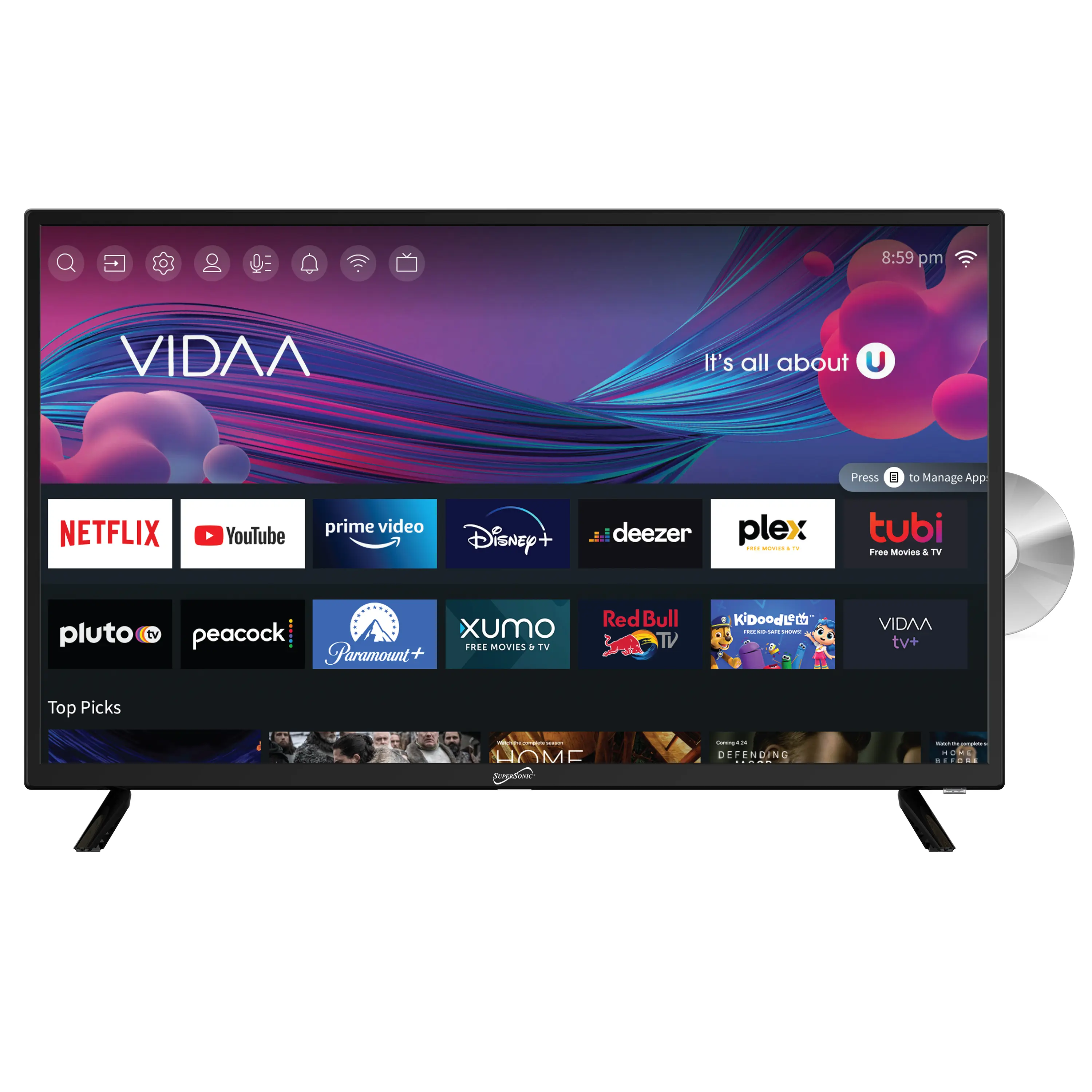 Supersonic SC-3226SDVD 32-Inch 1080p HD LCD-LED Living Room Television - LED Screen, DVD Player, 3 HDMI Ports, USB-A Ports, Wireless Connectivity, English Multi-Language OSD, DC Car Cord, ATSC & NTSC System, RF, Usb Ports