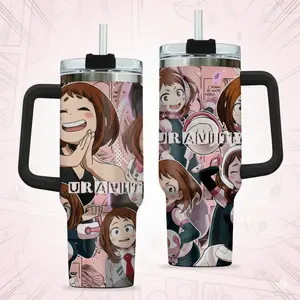 My Hero Academia Uravity Ochaco Uraraka 40oz (1,000-2,000 ml) Classic Stainless Steel Insulated Water Bottle - Kitchenware Drinkware with Handle, Lid, Straw, Portable Reusable Anime Collage Design, Premium Fan Gift for Road Trips, Workouts