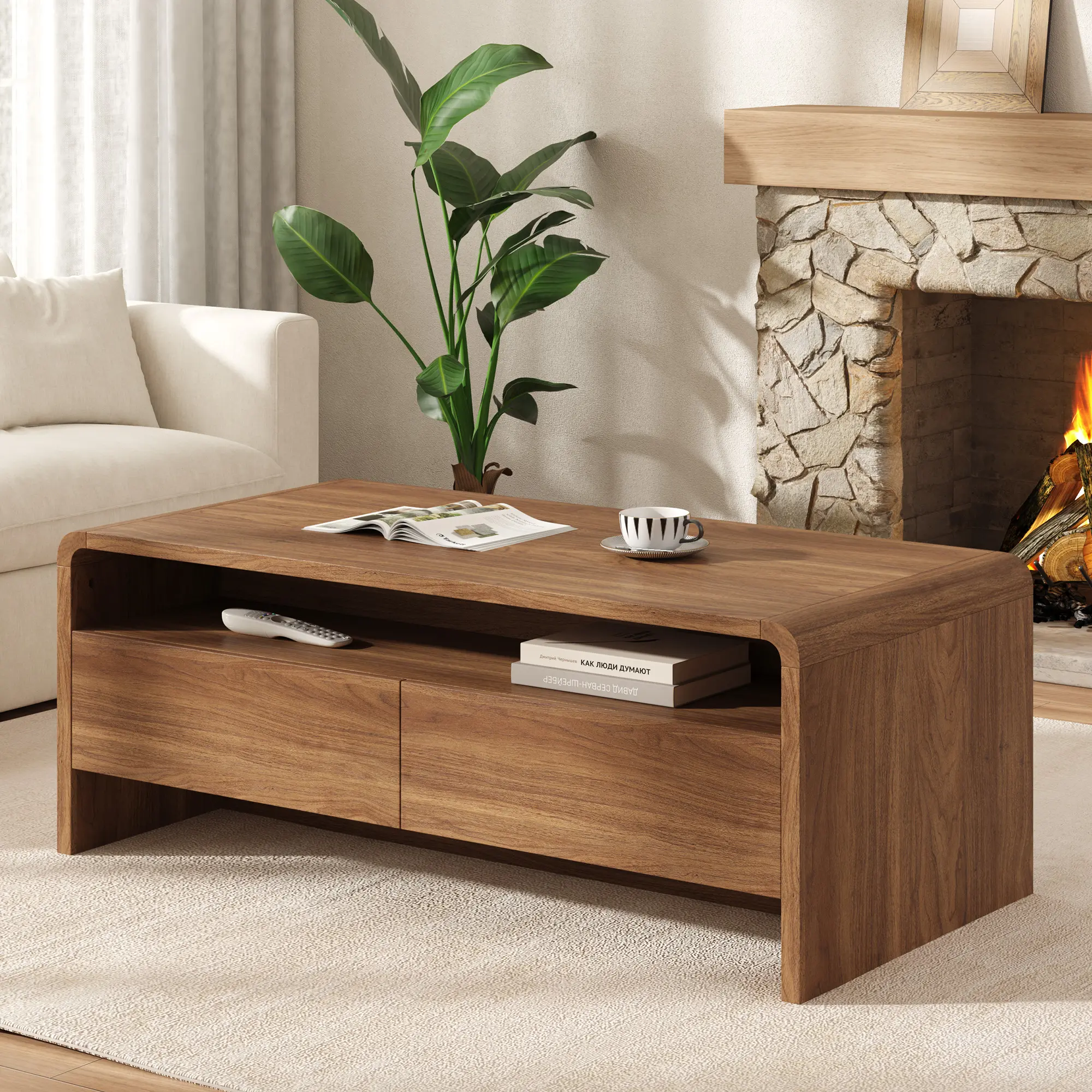 AMERLIFE 39.4" Wood Coffee Table with Storage & Rounded Edges | Wood-grain Finish, 2 Drawers and Open Shelf, Modern Living Room Table, Sofa Center Table[tiktokshopbacktoschool][SohoChic]