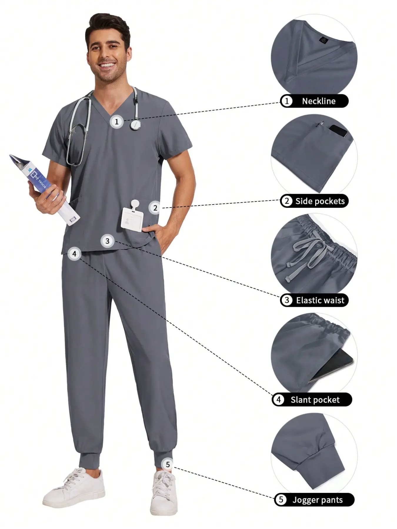 Professional Treatment Room Workwear Style Set with Side Pockets and Slant Pocket, SPA Care & Beauty Uniform, Pet Clinic Groomer Outfit, Comfortable & Breathable Work Clothes