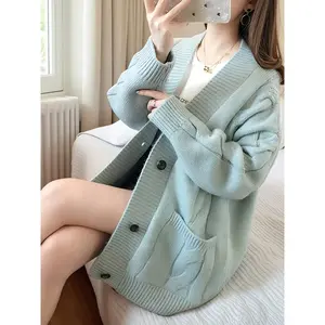 Women's Casual V-Neck Cardigan Light Mint Green Loose Fit Long Sleeve Sweater with Pockets Versatile Spring Fall Layering Essential for Casual or Dressy Outfits