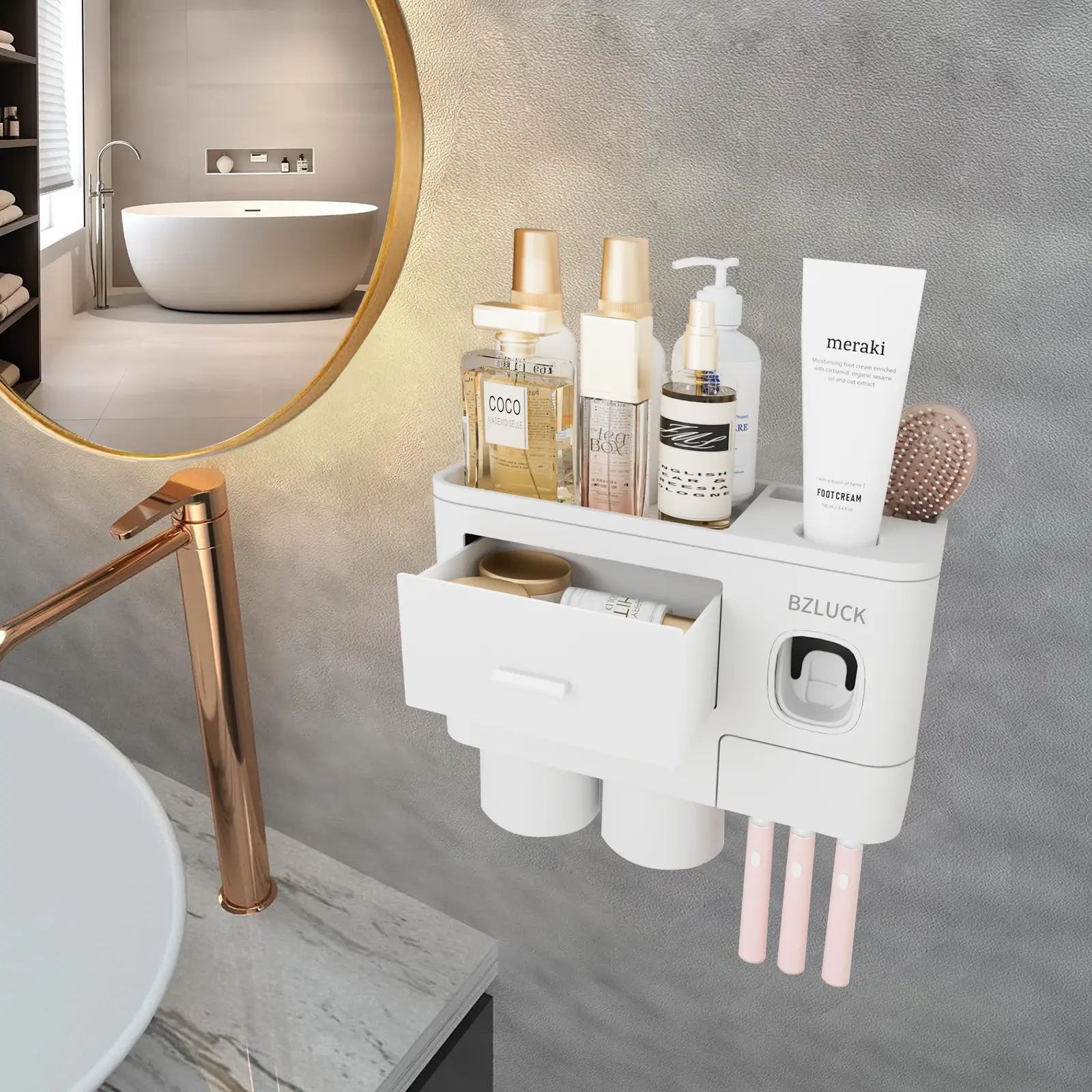 2-4 Cup Toothbrush Holder for Bathrooms Wall Mounted with Dual Automatic Toothpaste Dispensers Large Capacity Tray & Magnetic Cups for Easy Cleaning Bath Tub Accessories