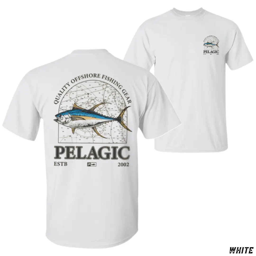 Pelagic Offshore Tuna T-Shirt, Nautical Fish Chart Graphic Tee, Soft Cotton Shirt for Men, Saltwater Fishing Apparel Since 2002, Ideal Gift for Deep Sea Anglers