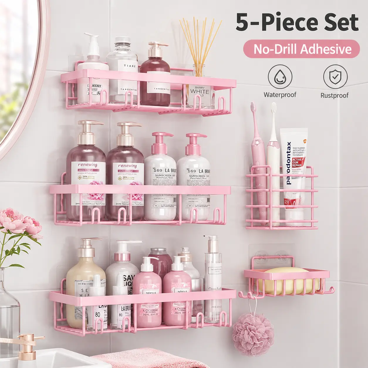 5 Pack Shower Caddy Organizer Rack Shelf for Inside Shower, Adhesive Bathroom Wall Storage Basket Rustproof Stainless Steel Shampoo Holder, Bathroom Accessory Decor Set,Pink