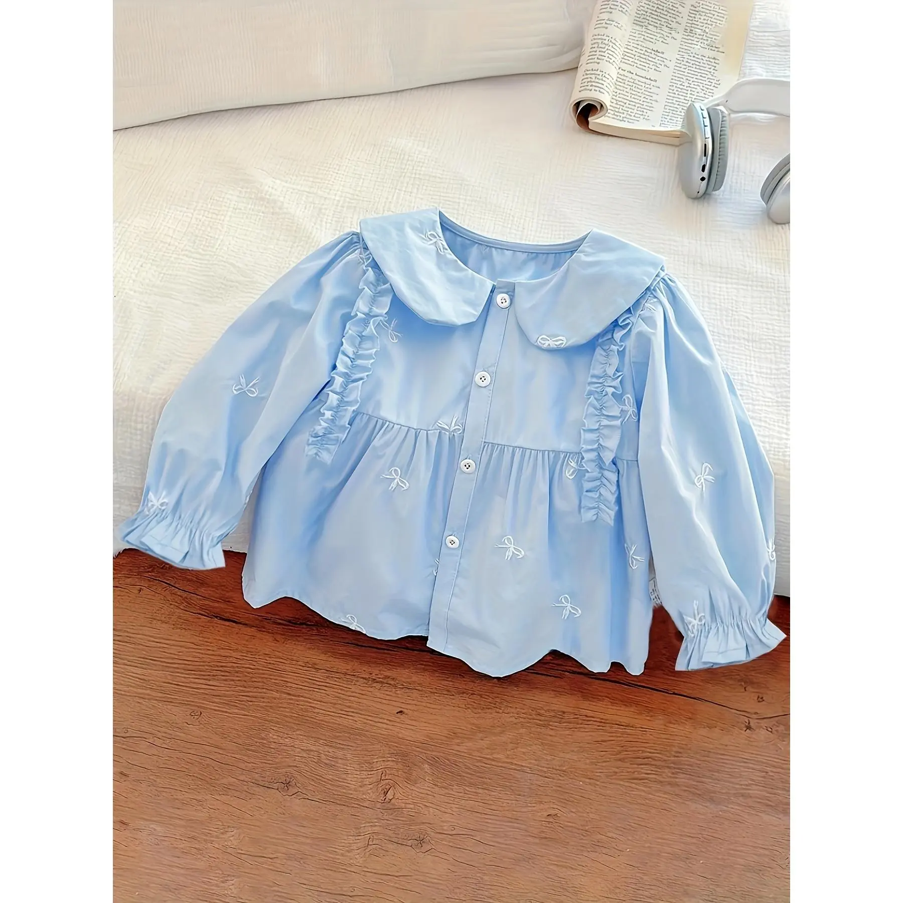 Honey Girl Blouse for Young Girls - Light Blue with Ruffled Sleeves And Lace Detail, Perfect for Spring And Fall, Spring And Fall Clothing |       Playful Design |       Frilled Sleeves, Girls Clothing