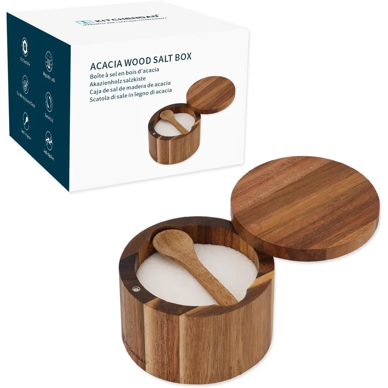Acacia  Salt Cellar Bowl Box with Built-in Spoon to avoid Dust, Elegant Kitchen Salt Container Holder with Swivel  Lid to Storage Pepper  Bath Salt Sea Salt, 6OZ