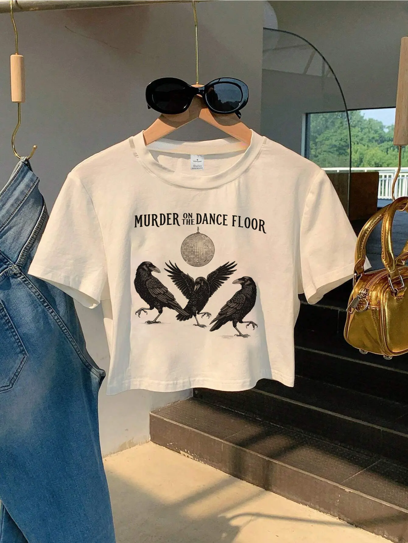 Murder on the dance floor crop top tee shirt Three Crows Disco Ball Print Crop Tank Top, Sleeveless Casual Top for Summer And Spring, Women'S Clothing