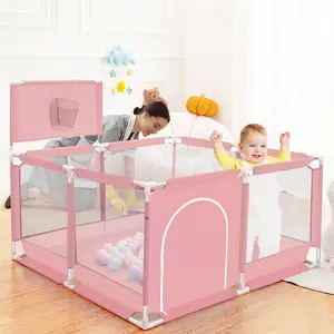COMOMY Baby Playpen, 50.39x50.39x26 Inch, Safe Play Space with Basketball Hoop! Sturdy Breathable Mesh Playard for Indoor & Outdoor Use - Easy Storage Toddler Fence for Activity & Nap, Summervibes