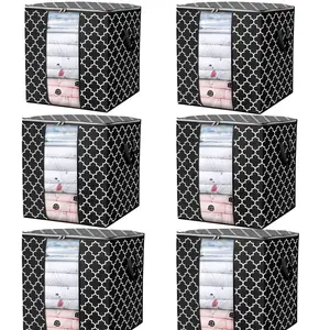 6 Pack Black Printed Storage Bags Large Blanket Clothing Storage Bags Foldable Organizer with Reinforced Handles Clear Window Sturdy Zipper Bag