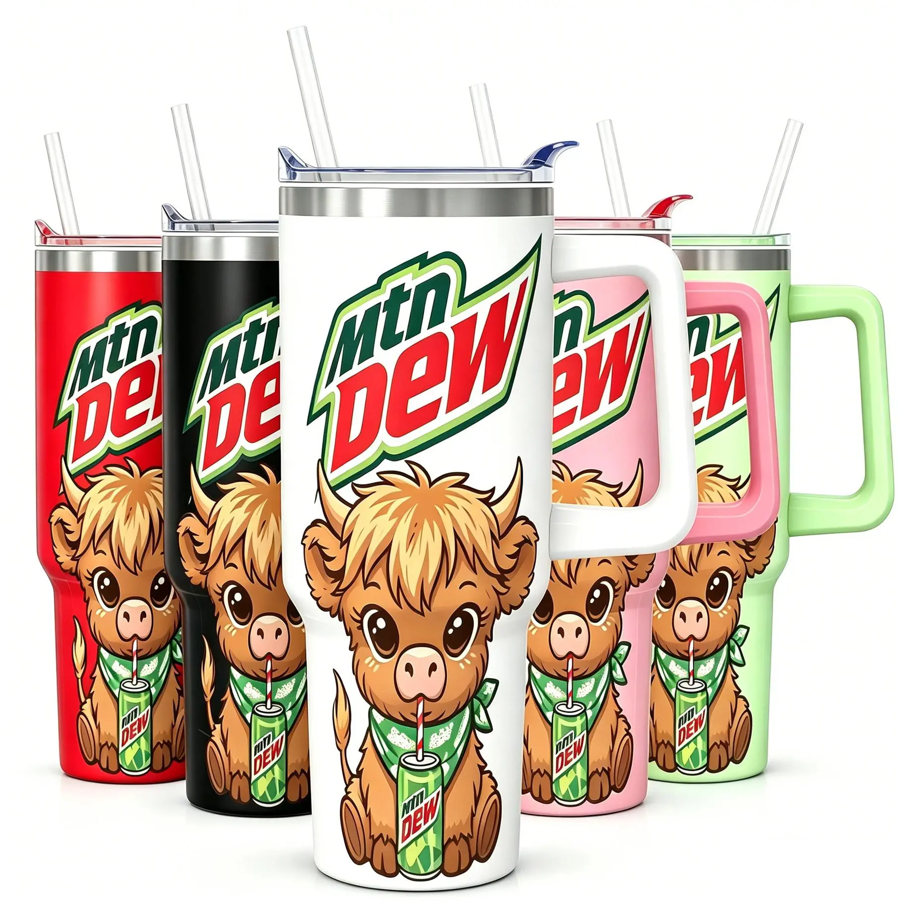 Mtn Dew Highland Cow Tumbler - 40oz Travel Mug with Handle and Straw - Cute Baby Cow Graphics, Mountain Landscape Design, Dew the Moo Adorable Highland Cow Mtn Dew Aesthetic 40oz Travel Cup, The Perfect Gift for Soda Lovers & Farm Animal Fans funny