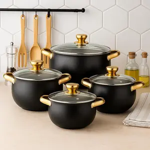 Stainless Steel Curved Pot Set with Gold Handle Design, Non-Stick High Quality Cookware with Glass Lid Suitable for All Stoves, Induction Pots Pans, Versatile Cooking Experience