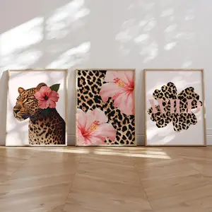 Full Set 1/3pcs Funky Y2K Leopard Hibiscus Flower Pink Cheetah Canvas Print Poster Vintage Hawaiian Aloha Animal Art Prints Home Decor