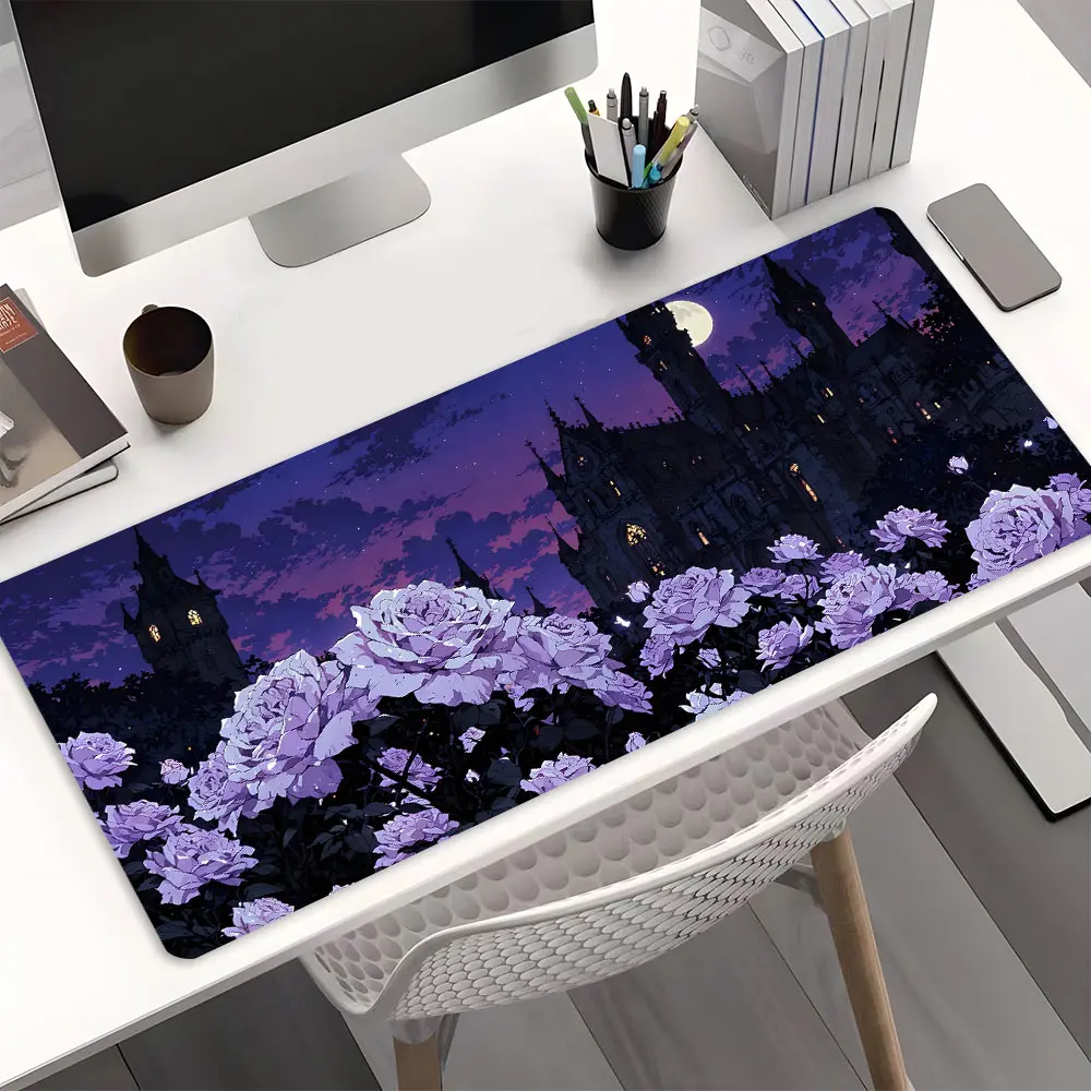 Gothic Castle Moonlit Night Purple Roses Mouse Pad - Non Slip Rubber Large Desk Mat for Office Gaming, Gothic Decor Gift for Her Alternative Girl Office Aesthetic Desk Accessories, Girly Desktop Accessory