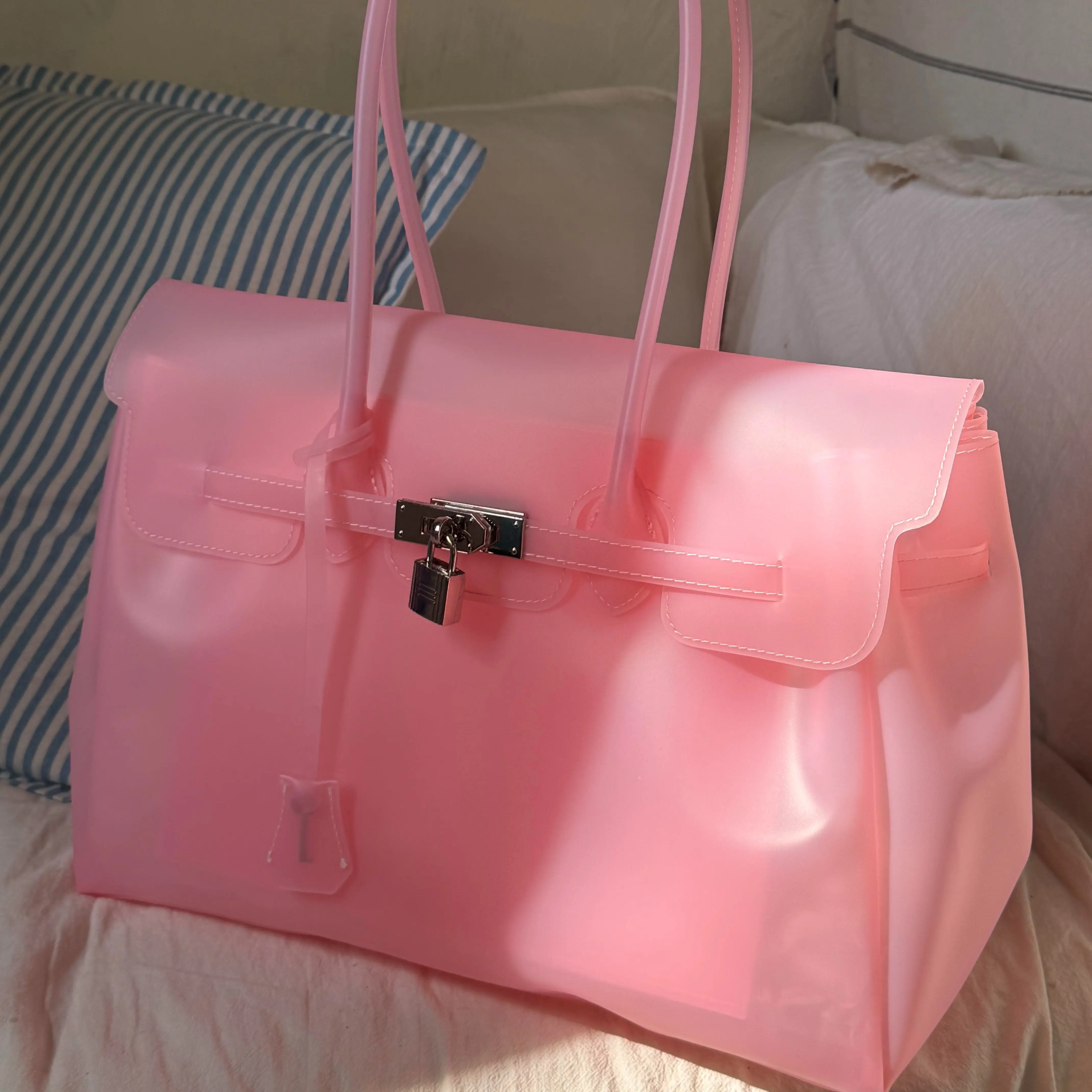 Transparent TPU Jelly Tote Bag for Women, Shoulder Handbag with Decorative Padlock and Key Tag, Medium and Large Sizes