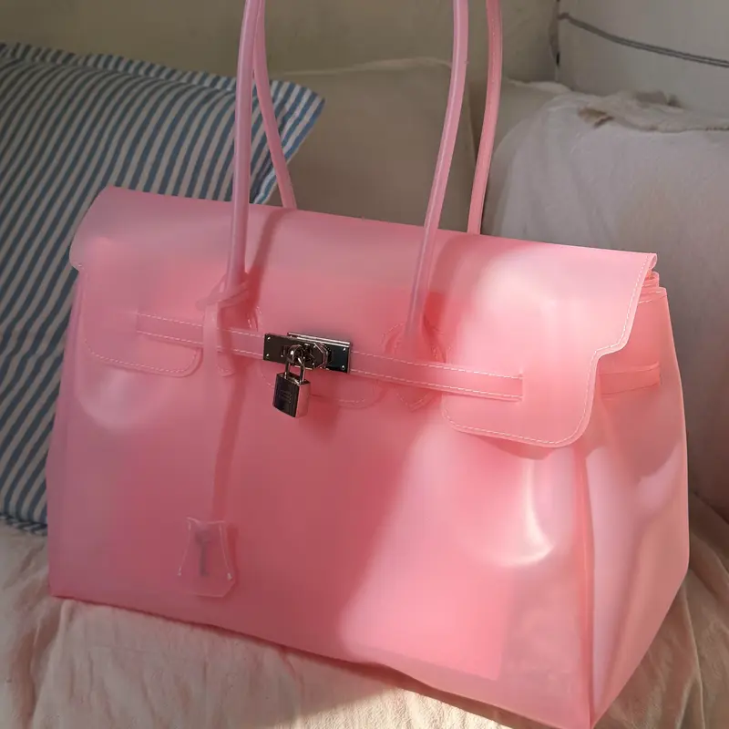 Transparent TPU Jelly Tote Bag for Women, Shoulder Handbag with Decorative Padlock and Key Tag, Medium and Large Sizes