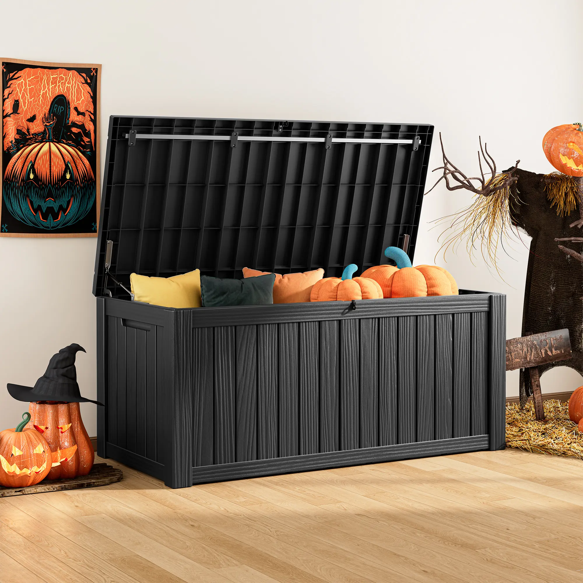 LHBCRAFT  120Gallon Large Outdoor Storage Box, Lockable UV Resistant Patio Deck Box, Waterproof Garden Storage Container Can Be Used as Seat