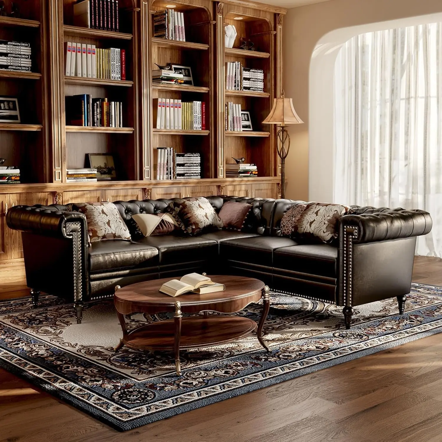 Classic L-Shaped Convertible PU Leather Chesterfield 5-Seater Sectional Sofa - Waterproof, Tufted, Nailhead Trim, Rolled Arms, 85"/99.4" Leather Couch Set for Apartment, Living Room Decor, Indoor Furniture, Polyurethane Foam, Clean Aesthetic