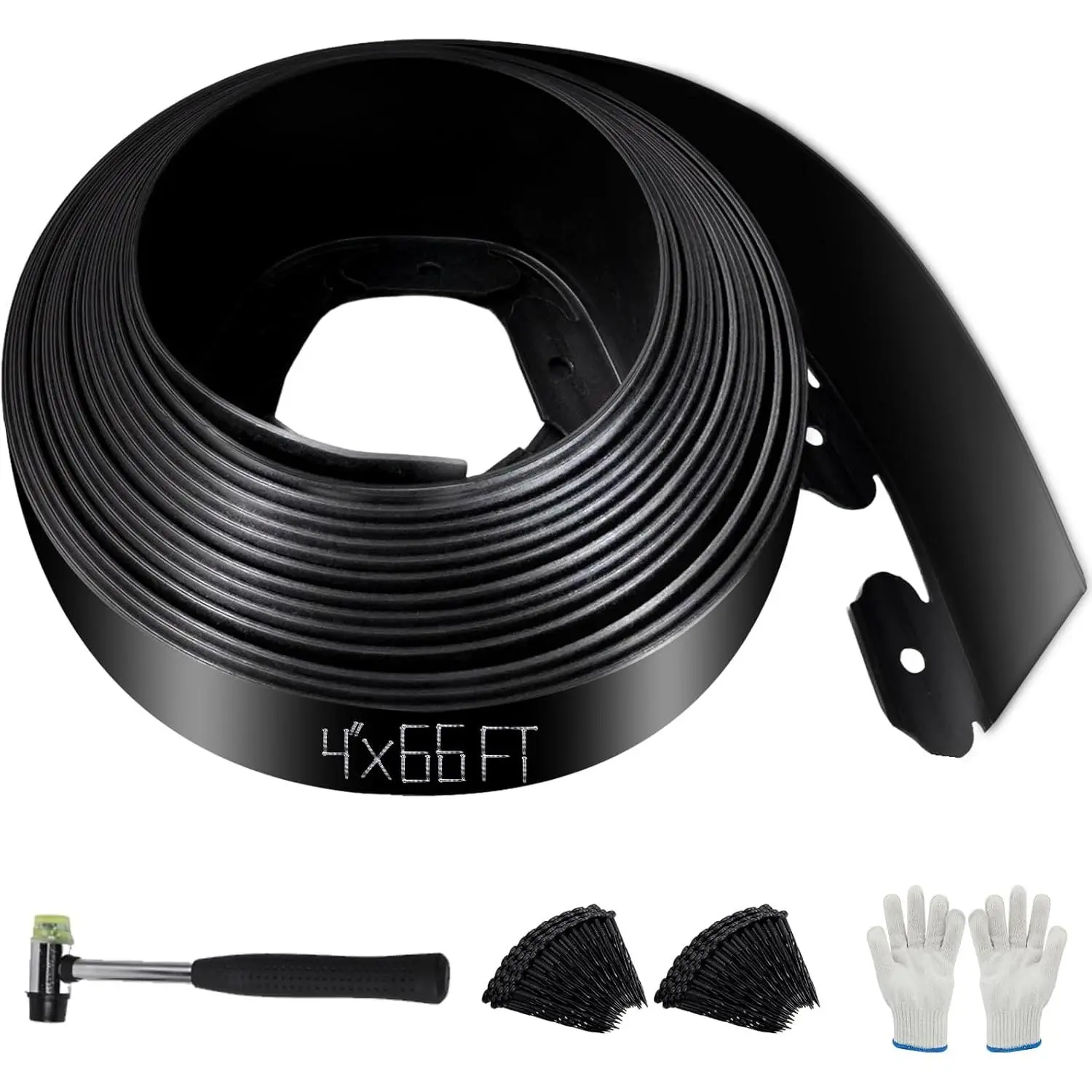 No Dig Landscape Edging 66FT, 4 Inch Plastic Edging for Landscaping with 200 Spikes, for Garden, Lawn, Flower Beds and Yard, Black