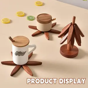 Foldable Wooden Trivets 4PCS Christmas Tree Hot Pot Holders Natural Beechwood Heat Resistant Decorative Kitchenware with Storage Stand for Kitchen