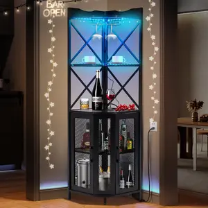 EROMMY Corner Bar Cabinet with Power Outlet, 5-Tiers Wine Bar Cabinet with LED Light and Glass Holder, Industrial Home Bar for Dining Room, Living Room, Kitchen, Modern Black
