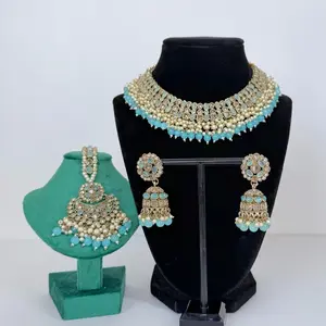 Desi Lightweight Polki Prathaa Necklace Set with Jhumka and Tikka - Colorful Beads & Pearl Design Earrings Included