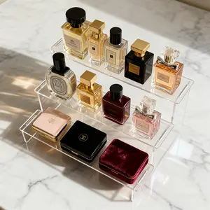 3-Tier Transparent Acrylic Display Rack, Perfume Stand, Cologne Perfume Stand, Durable and Easy-to-Install Structure, Ideal for Perfume Bottles, Cosmetics, and Jewelry Collection, Suitable for Dressing Tables and Desktop Spaces, Utility Racks