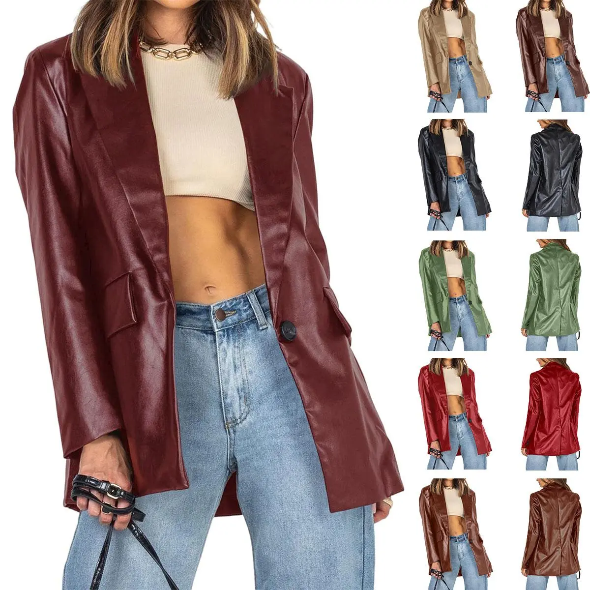 FMEYOA  Womens Oversized Leather Jacket Long Sleeve Faux Leather Blazer Lapel Button Down Leather Shacket Coat with Pockets