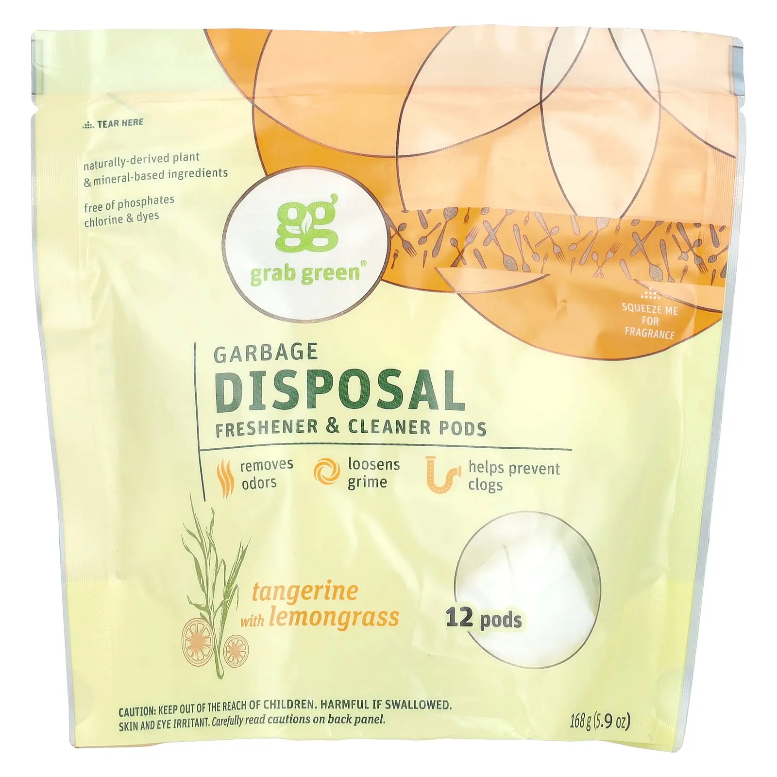 Grab Green Garbage Disposal Freshener & Cleaner Pods, Tangerine with Lemongrass, 12 Pods, 5.9 oz (168 g)