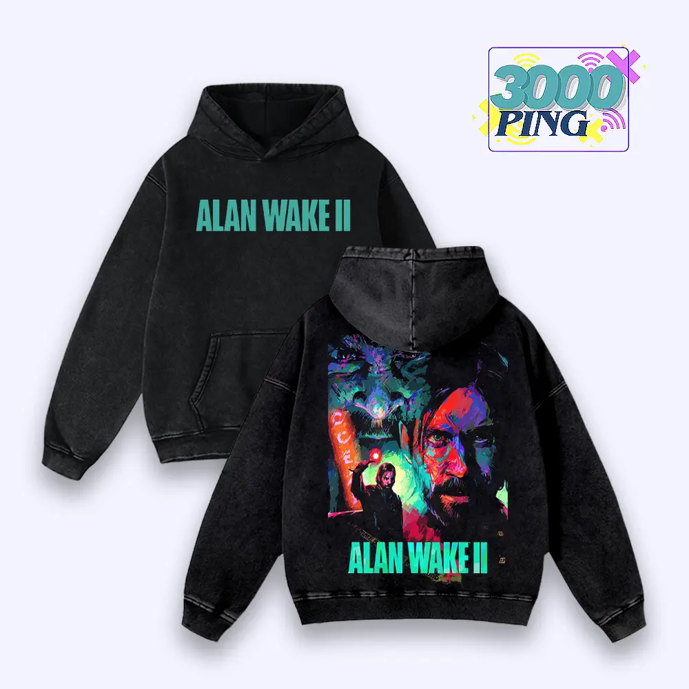 Alan Wake 2 Neon Mystery Vintage Bootleg Inspired Wash Tee, Retro Cinematic Gaming Graphic Unisex T-Shirt, Y2K Surreal Story Throwback Heavyweight Sweatshirt, Psychedelic Thriller Nostalgia Oversized Streetwear Hoodie And Tank Top Apparel